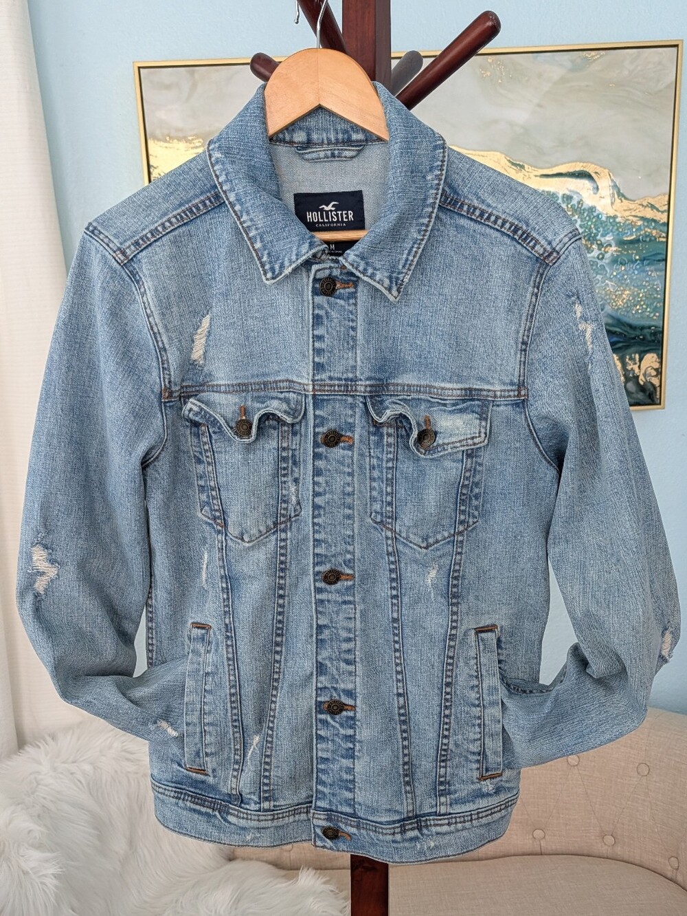 Hollister Light Blue Distressed Denim Jacket - Sz M.Womans